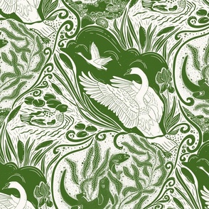 Water Life (M) -Block Print-Swan Otter Fish Duck Shell Greenery- Green 