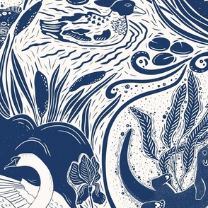 Water Life (L) -Block Print-Swan Otter Fish Duck Shell Greenery- Navy Blue