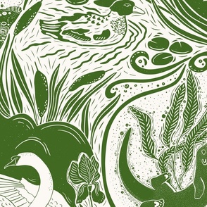 Water Life (L) -Block Print-Swan Otter Fish Duck Shell Greenery- Green 