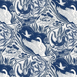 Water Life (S) -Block Print-Swan Otter Fish Duck Shell Greenery- Navy Blue