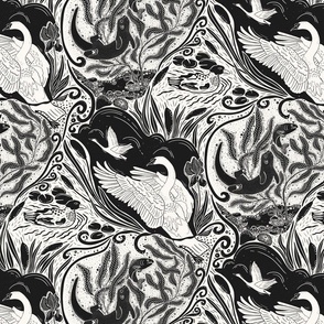 Water Life (S) -Block Print-Swan Otter Fish Duck Shell Greenery- Grey-Black