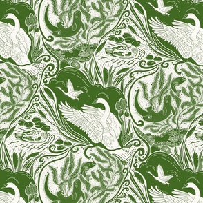 Water Life (S) -Block Print-Swan Otter Fish Duck Shell Greenery- Green 