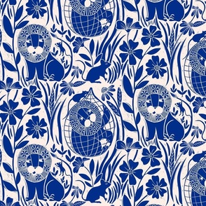 Block print Lion and Mouse Fable -  blue and white 14”