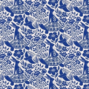 Block print tortoise and hare blue and white  - 7”