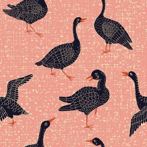 Big Scale Lake life of Geese. Black and pink, textured background