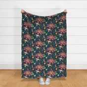 Koi fish pond with water lily - block print style - XL