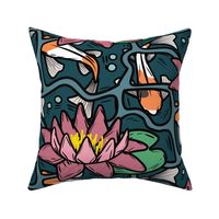 Koi fish pond with water lily - block print style - XL
