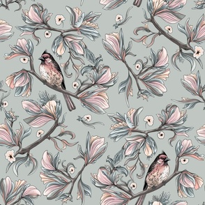 Flower birds | Vintage monochrome pinkish dark grey and light pink (Large scale)