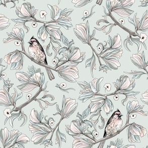 Flower birds | Vintage monochrome mint  grey and light pink (Large scale)