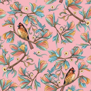 Flower birds | Bright pink pastel blue peach and yellow (Large scale)