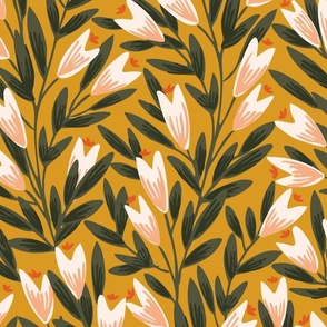 Pointy flower ever-growing garden pattern- mustard yellow and green// Big scale