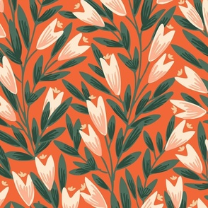 Pointy flower ever-growing garden pattern- rust orange and green// Big scale