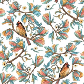 Flower birds | Peach pink pastel green blue and yellow (Large scale)
