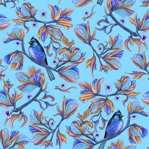 Flower birds | Porcelain blue, light blue dark pink and brown (Large scale)