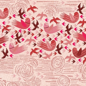 Block print Peace doves clouds in Pink