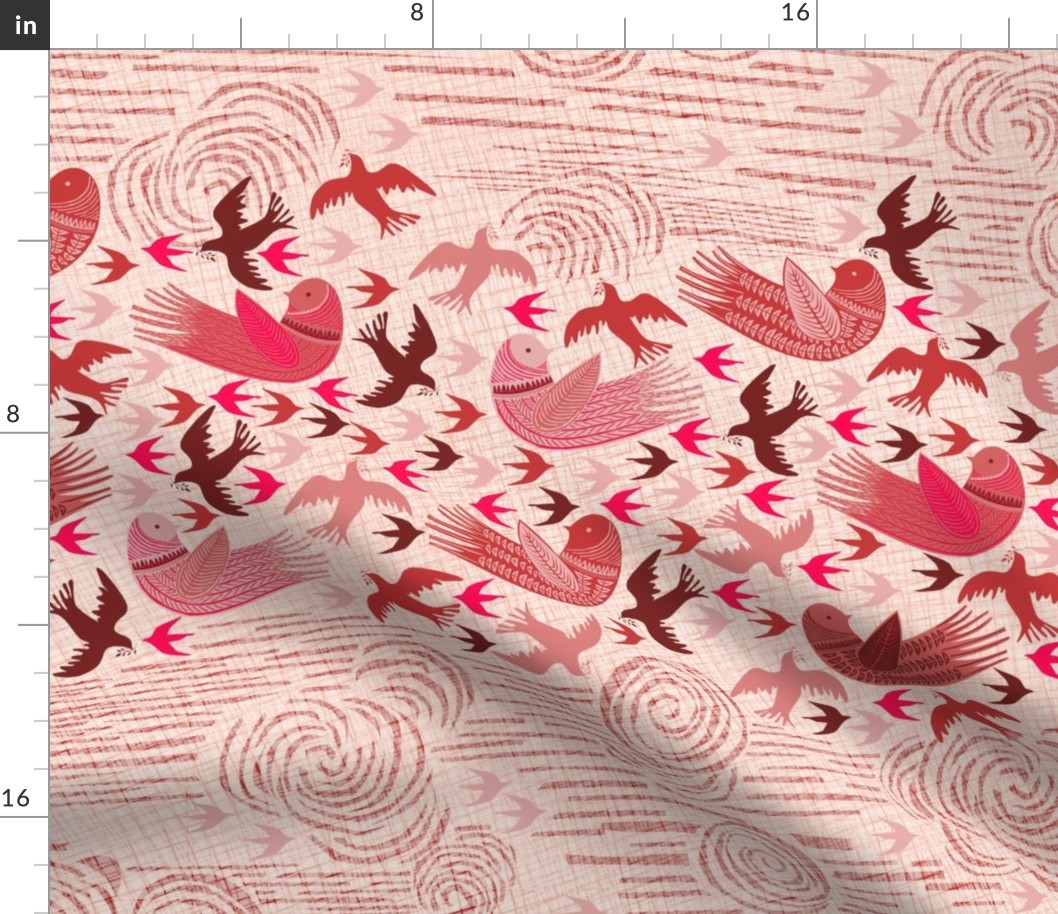 Block print Peace doves clouds in Pink