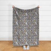 ABSTRACT BLOCK PRINT FLORAL IN BLUE/GREY GOLD AND WHITE