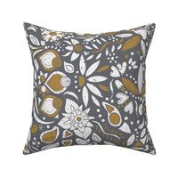 ABSTRACT BLOCK PRINT FLORAL IN BLUE/GREY GOLD AND WHITE