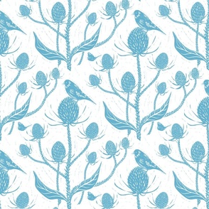 (L) Soft blue goldfinch and teasels block print style large 12 inch