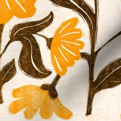 Yellow Blossoms Block Linocut Print on Cream Background |Arts and Crafts Style|Large