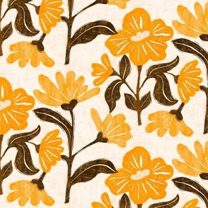 Yellow Blossoms Block Linocut Print on Cream Background |Arts and Crafts Style|Large