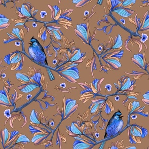 Flower birds | Porcelain blue dark grey brown and pink (Large scale)
