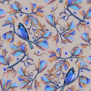 Flower birds | Porcelain blue light grey pink and copper brown (Large scale)