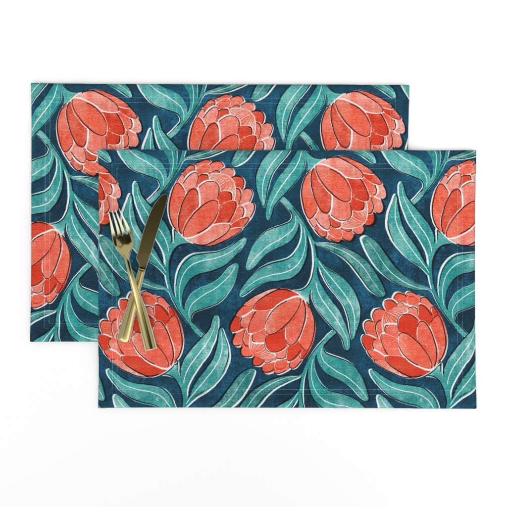 Coral Red Proteas on Blue Multidirectional Block Print Medium
