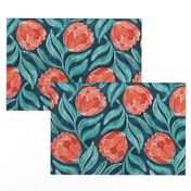 Coral Red Proteas on Blue Multidirectional Block Print Medium