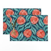 Coral Red Proteas on Blue Multidirectional Block Print Medium