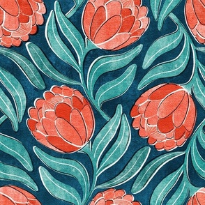 Coral Red Proteas on Blue Multidirectional Block Print Medium