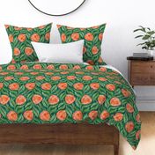 Coral Orange Proteas on Green Multidirectional Block Print Medium