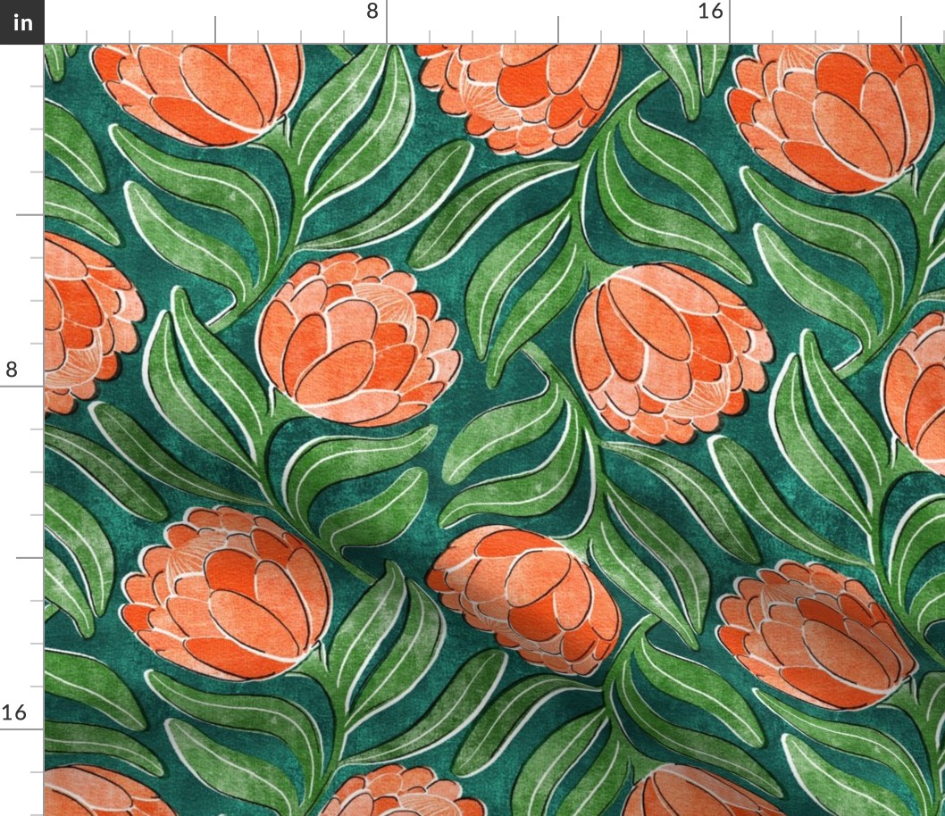 Coral Orange Proteas on Green Multidirectional Block Print Medium