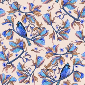 Flower birds | Porcelain blue, brown, pinkish grey and dark pink  (Large scale)