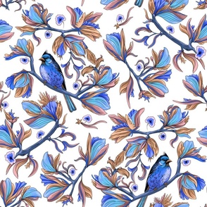 Flower birds | Porcelain blue brown and rose pink (Large scale)