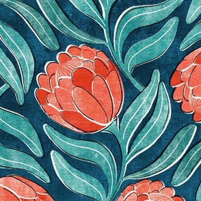 Coral Red Proteas on Blue Multidirectional Block Print Large