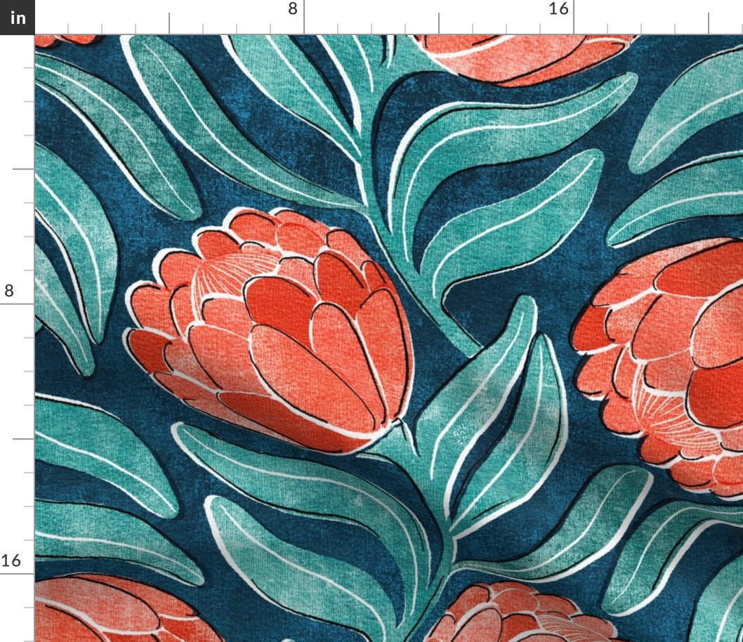 Coral Red Proteas on Blue Multidirectional Block Print Large
