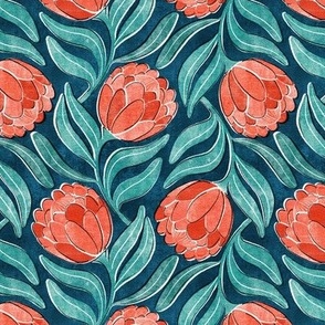 Coral Red Proteas on Blue Multidirectional Block Print Small