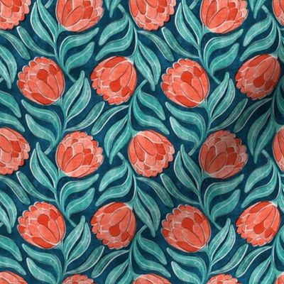 Coral Red Proteas on Blue Multidirectional Block Print Microprint