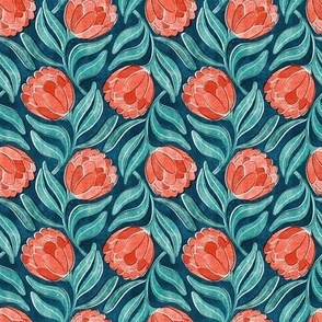Coral Red Proteas on Blue Multidirectional Block Print Microprint