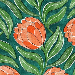 Coral Orange Proteas on Green Multidirectional Block Print Large