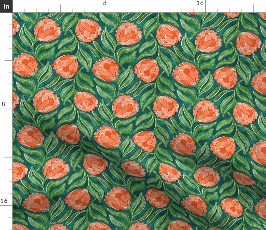 Coral Orange Proteas on Green Multidirectional Block Print Small
