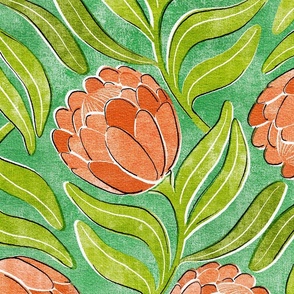 Coral Proteas on Vivid Green Multidirectional Block Print Large