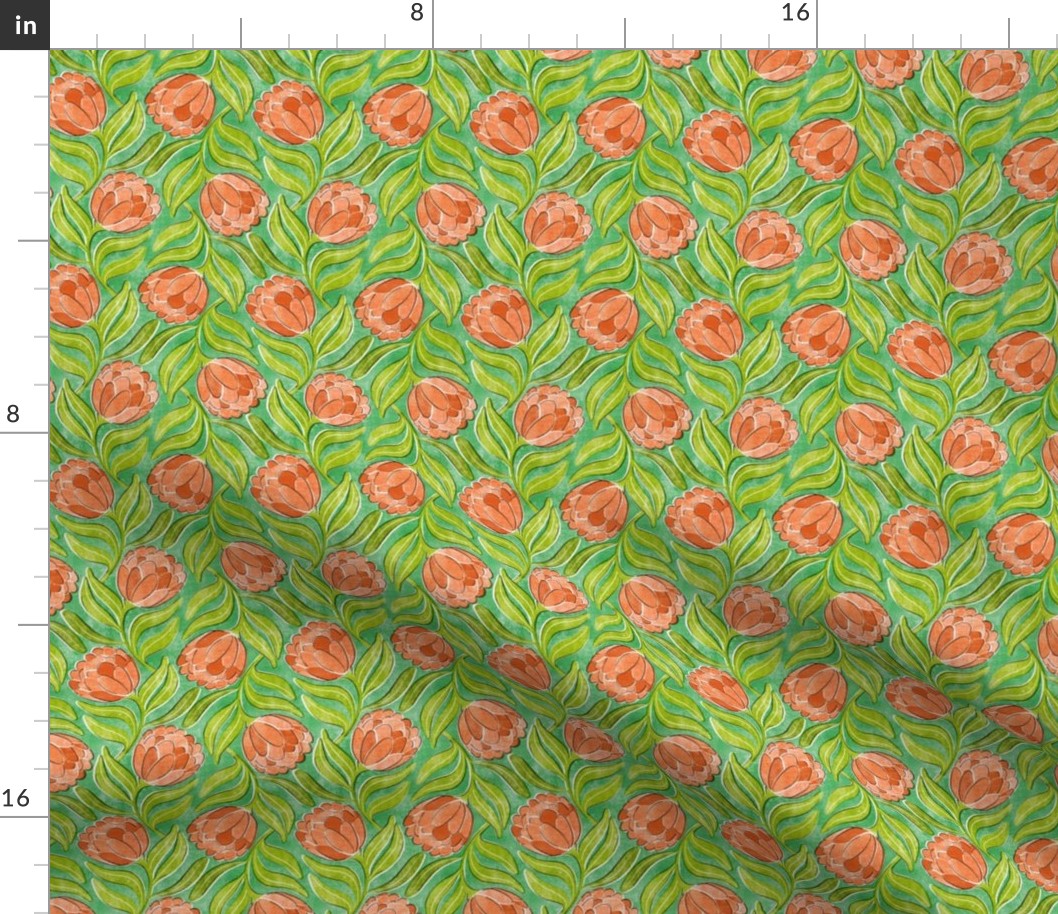 Coral Proteas on Vivid Green Multidirectional Block Print Microprint