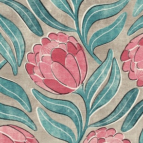 Muted Pink Proteas on Warm Grey Multidirectional Block Print Large