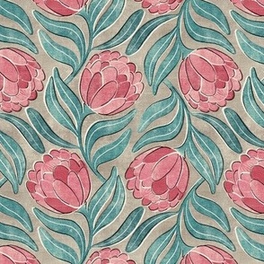 Muted Pink Proteas on Warm Grey Multidirectional Block Print Small
