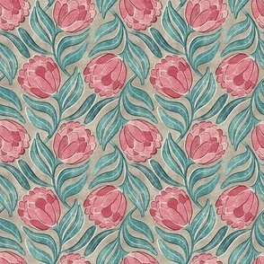 Muted Pink Proteas on Warm Grey Multidirectional Block Print Microprint