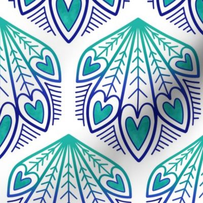M – Aqua Peacock Feather Hearts - Blue & Aquamarine Green Block Print