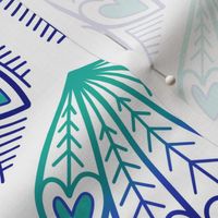 M – Aqua Peacock Feather Hearts - Blue & aquamarine green geometric hexagon block print