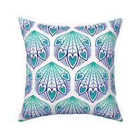 M – Aqua Peacock Feather Hearts - Blue & aquamarine green geometric hexagon block print